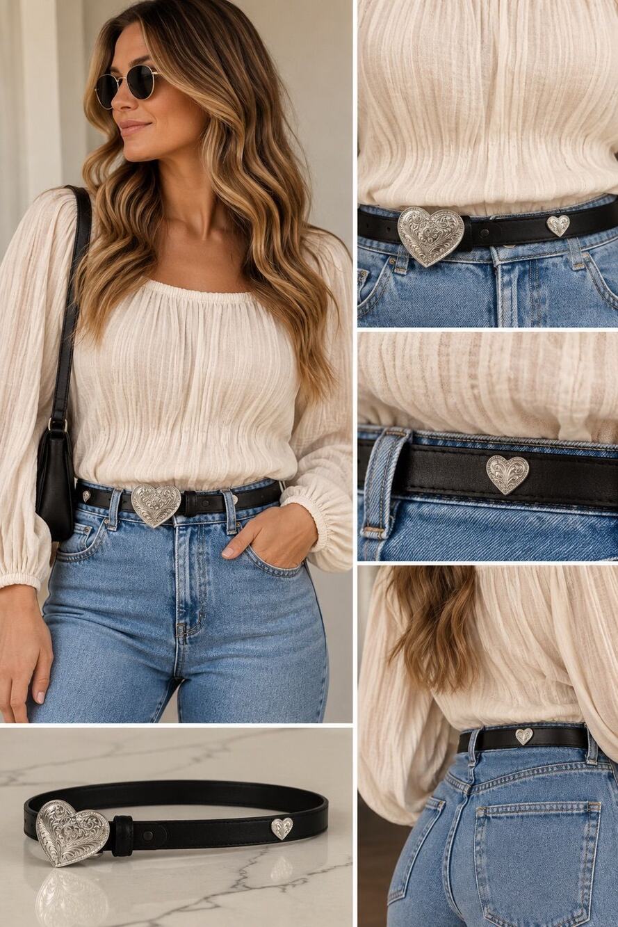 Silver Creek Black Leather Belt with Silver Hearts S/M